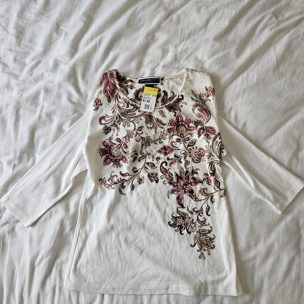 Karen Scott White and Red Paisley Blouse